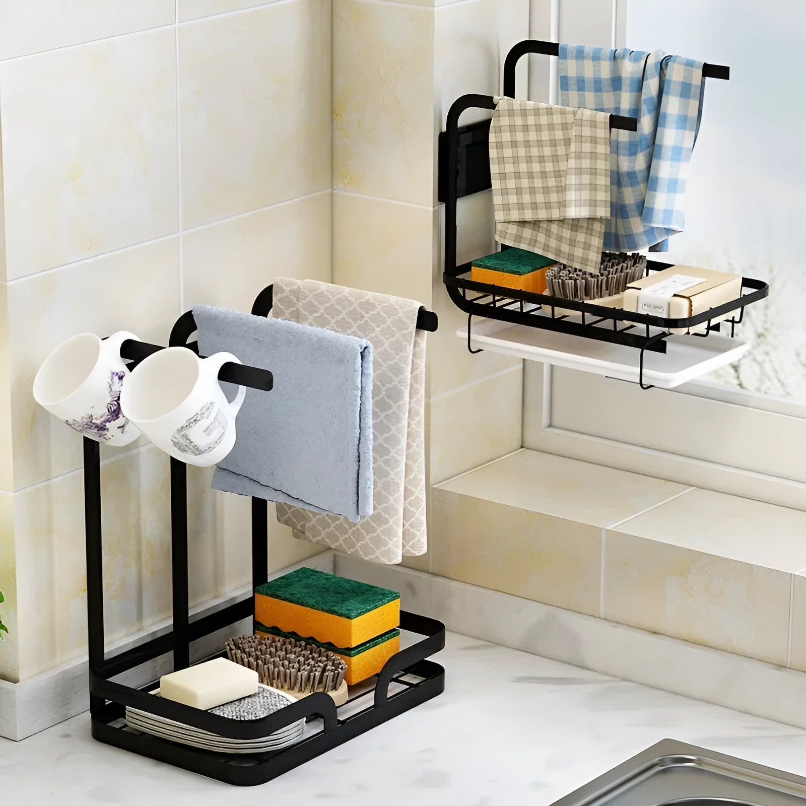 Plastic foldable kitchen rack for drying rags with wall mount and table top options