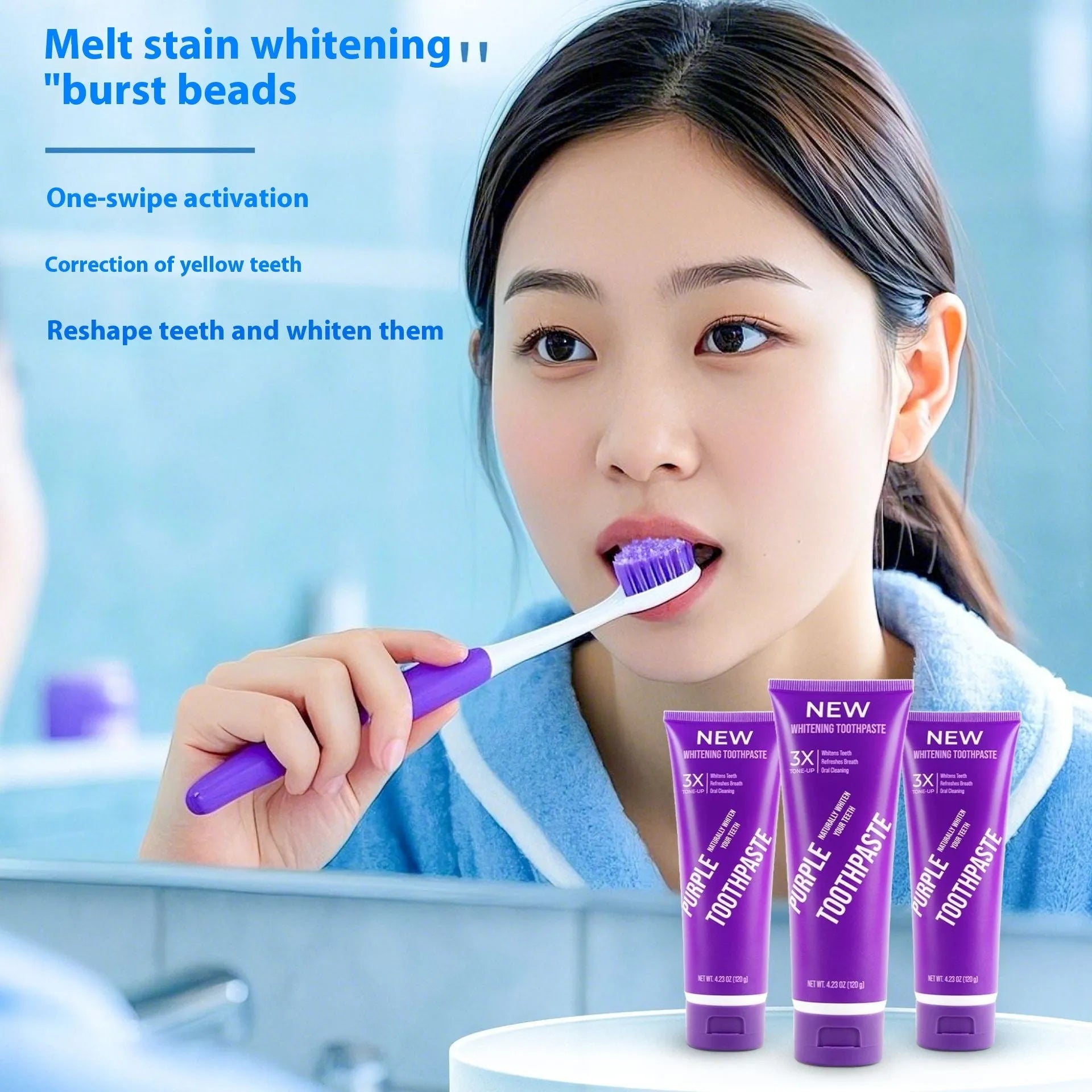 Purple whitening toothpaste tube for yellow stain removal in 120g and 65g sizes