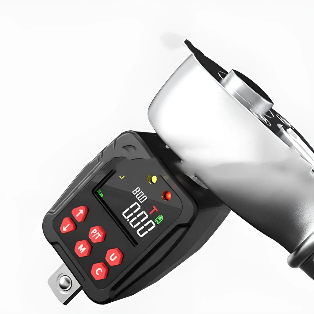 Digital torque meter with display screen, 1/2 inch square drive, and metal extension bar.