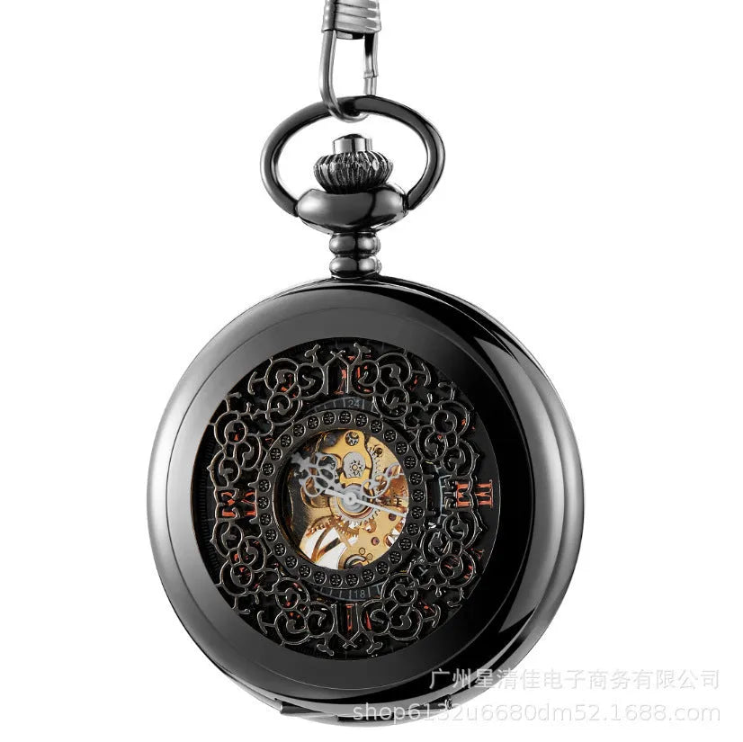 Retro automatic mechanical pocket watch with floral print hollow dial and transparent case back.