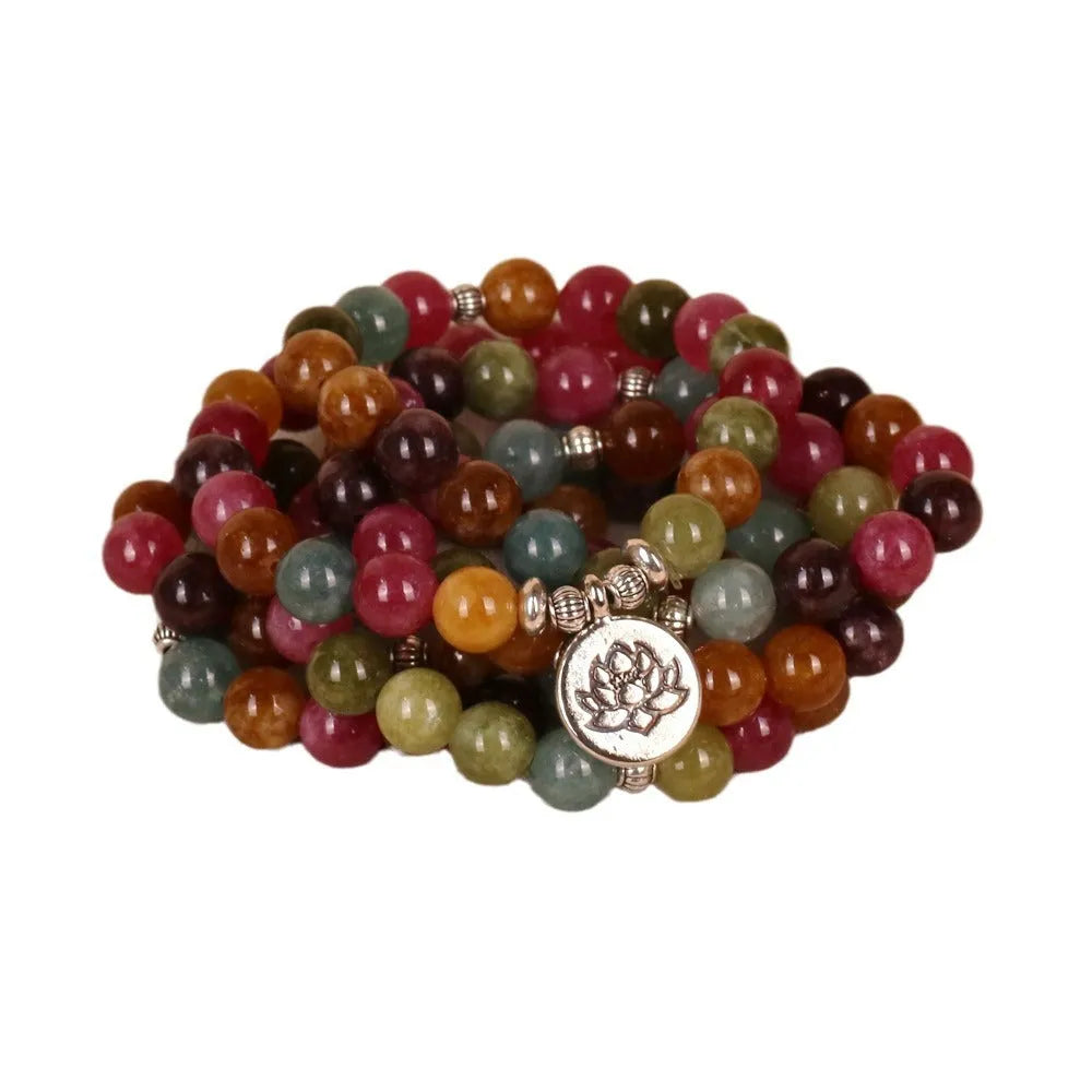 108 bead lotus bracelet in tourmaline colour with multi-layer hanging design and alloy construction