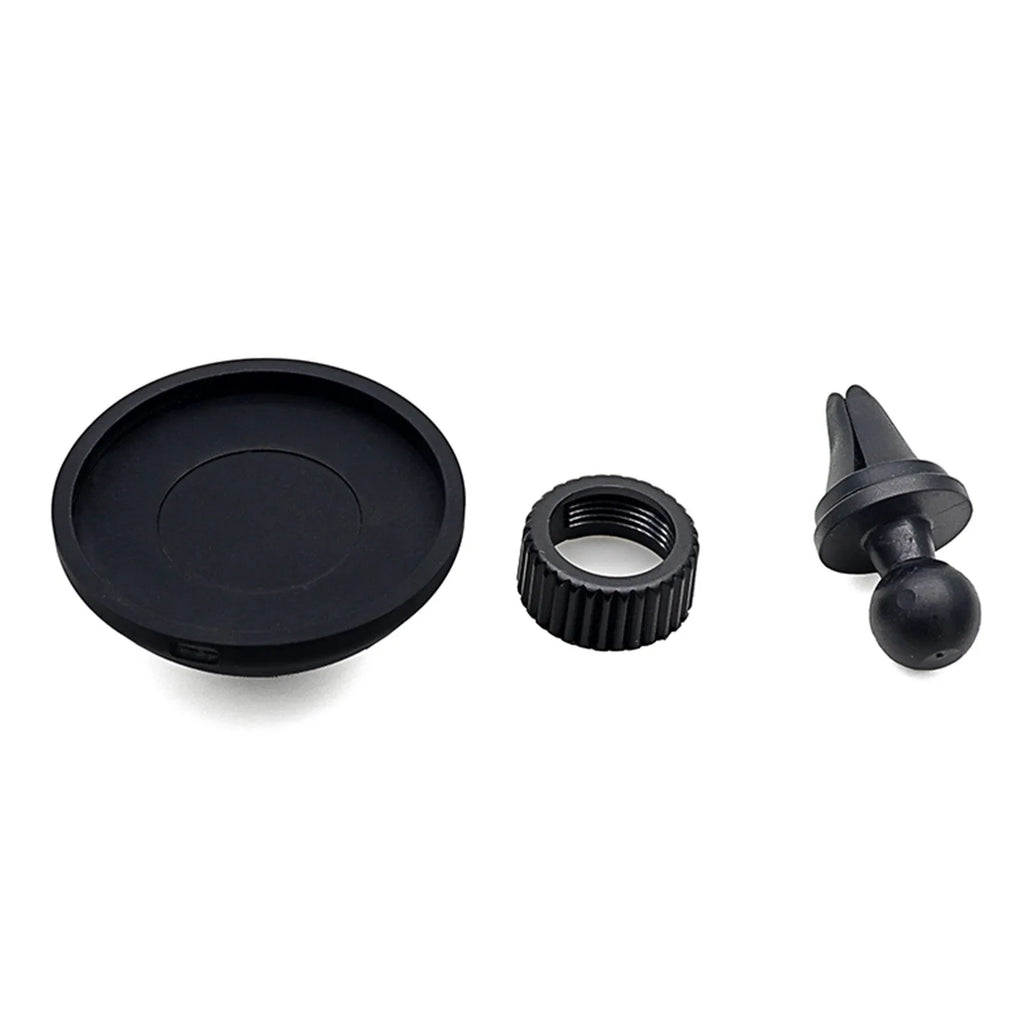 Black car magnetic phone holder showing dashboard mount and air vent clip options