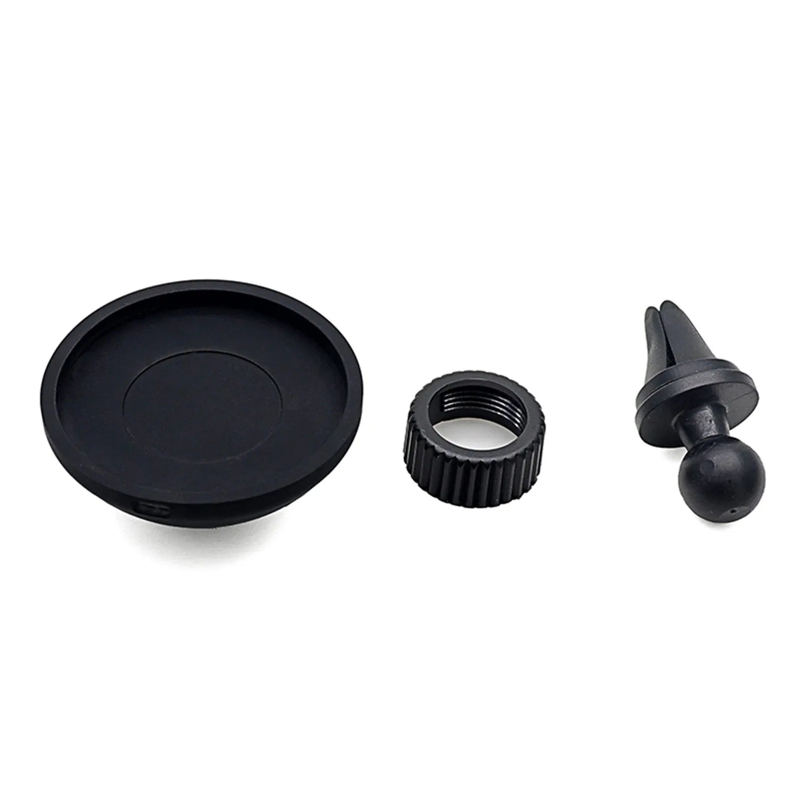 Black car magnetic phone holder showing dashboard mount and air vent clip options