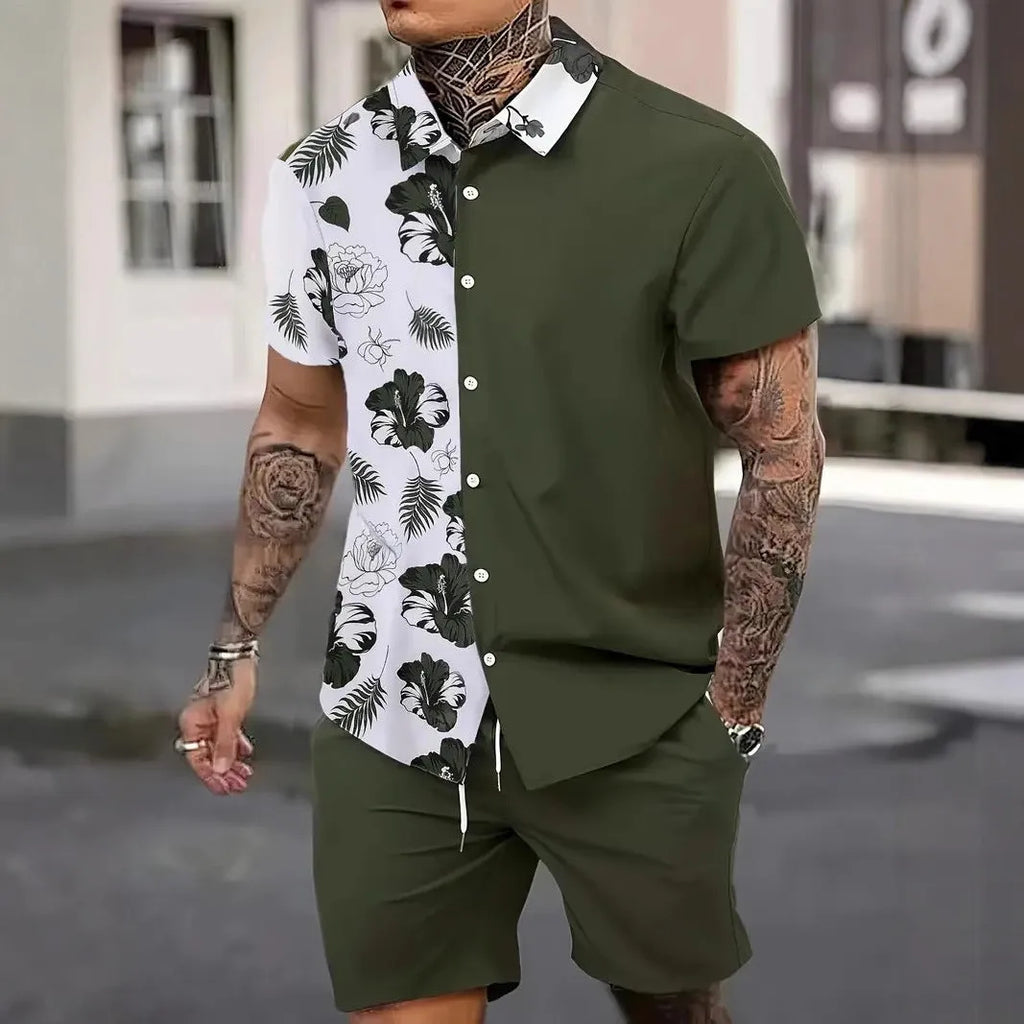 Men's 3D printed Hawaiian patterned shirt and shorts casual set in polyester fabric