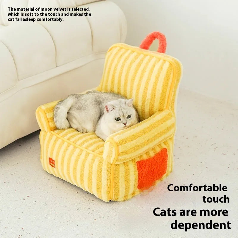 Striped orange soft velvet pet bed with a removable cover, shown as a structured pet house.