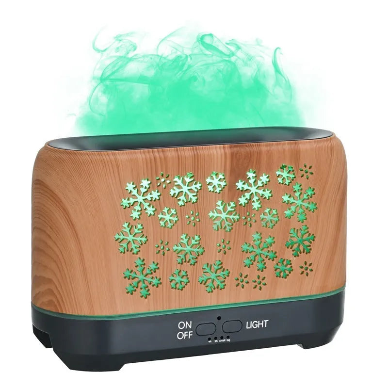 Square plastic humidifier with snowflake wood grain pattern and glowing flame effect light