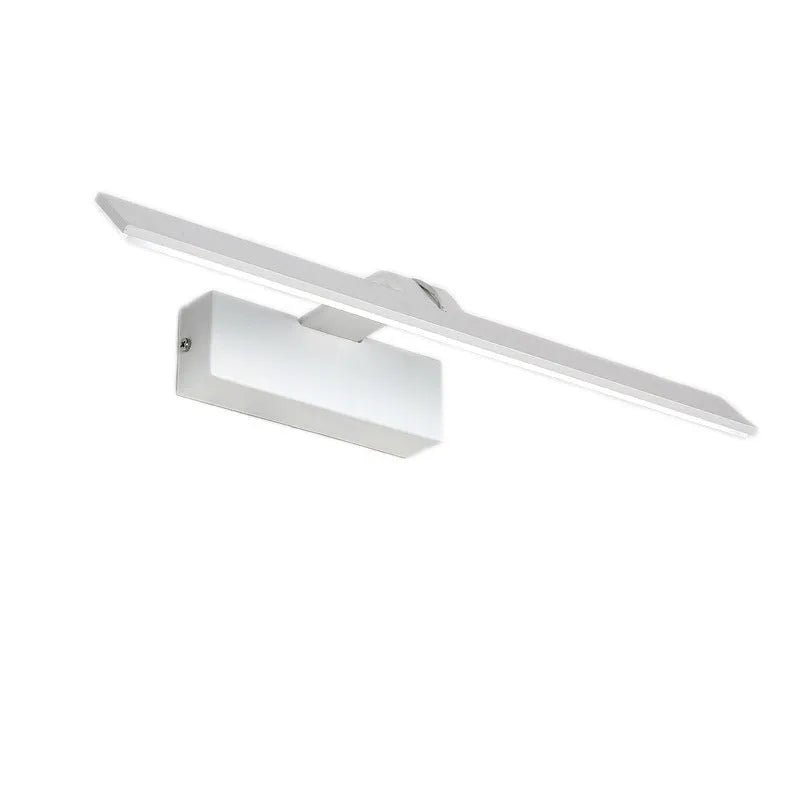White LED mirror headlight bar mounted above a bathroom mirror, showing three light colour options.