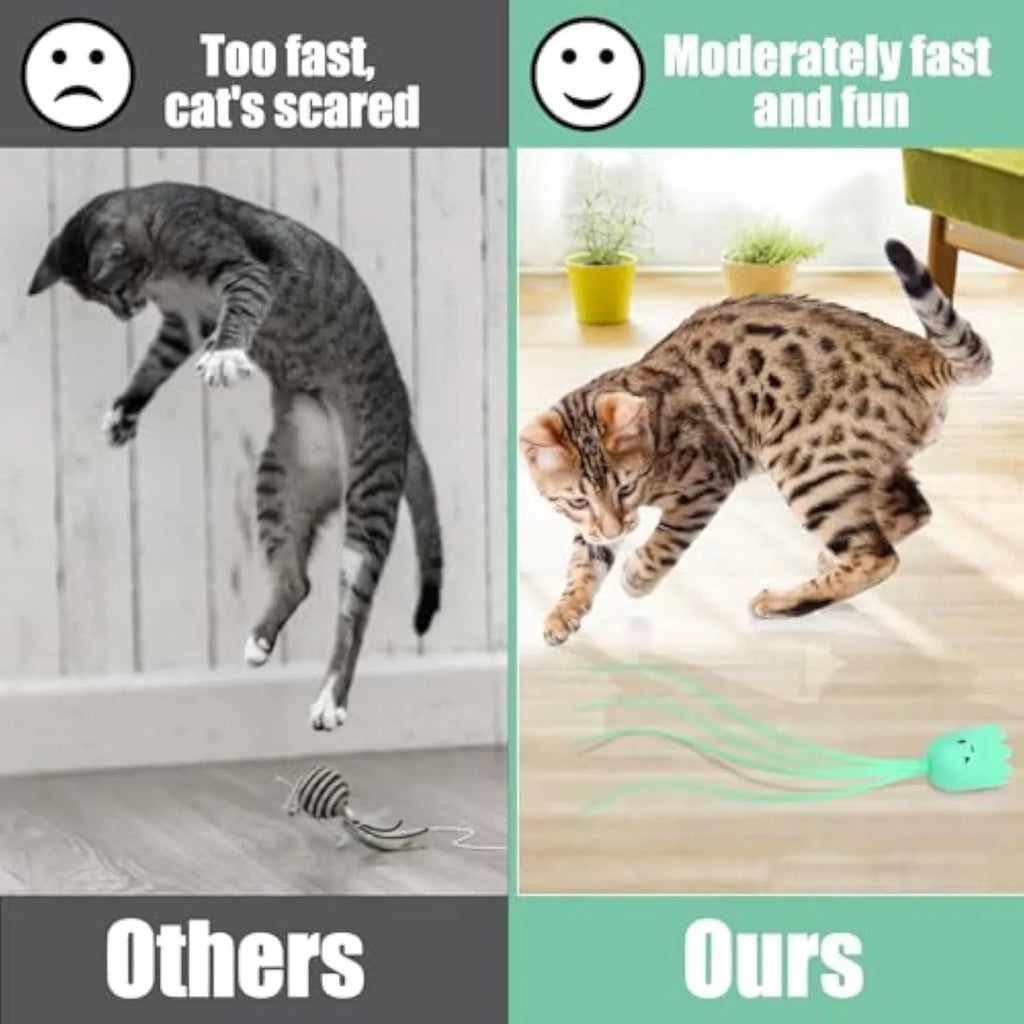 Green automatic cat wand toy with swinging silicone tail on floor for indoor cat play