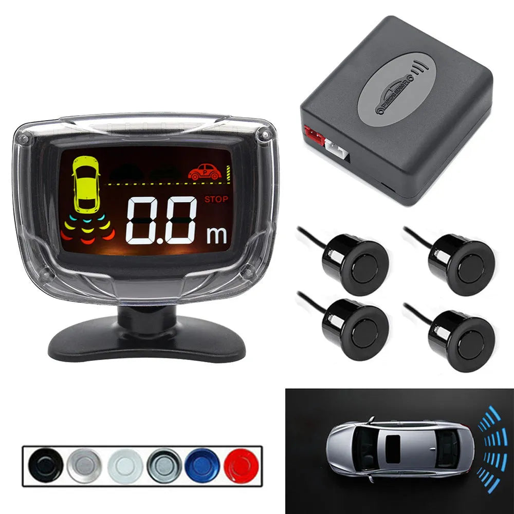 Wireless vehicle reversing sensor system with LED digital display and four ultrasonic probes