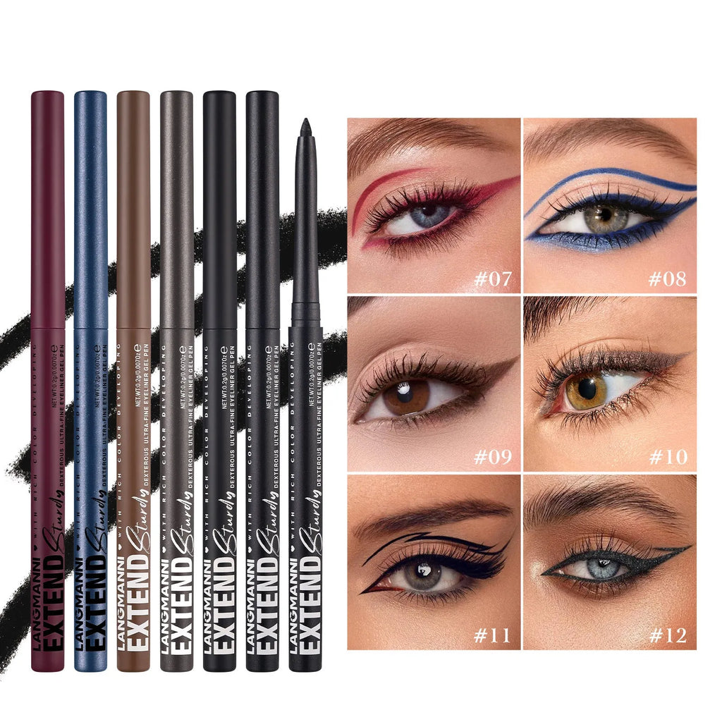12 colourful gel glitter eyeliner pencils showing matte, glitter, metallic and pearl finishes for waterproof makeup