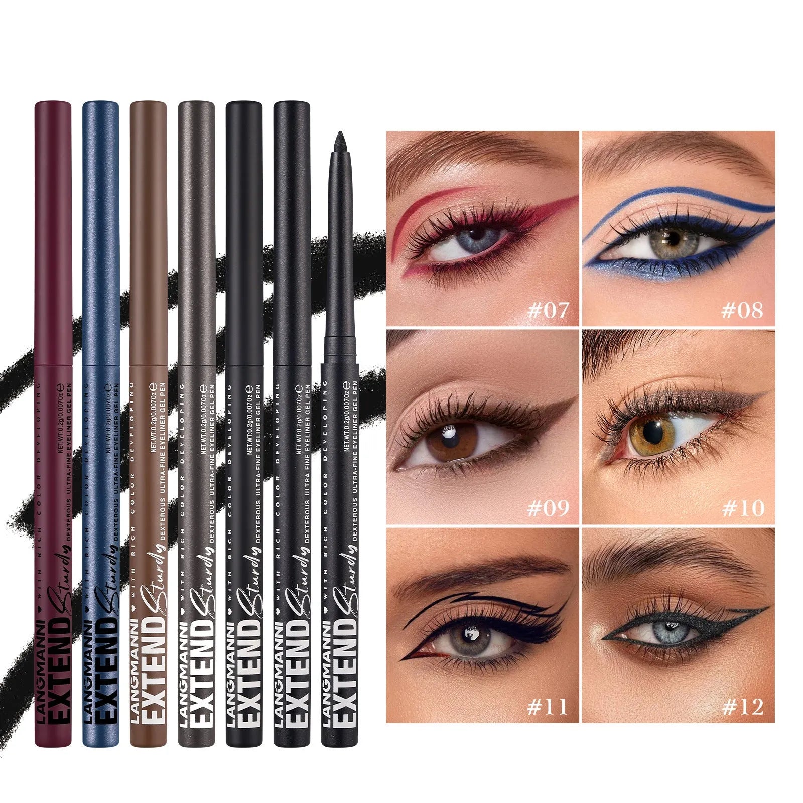 12 colourful gel glitter eyeliner pencils showing matte, glitter, metallic and pearl finishes for waterproof makeup