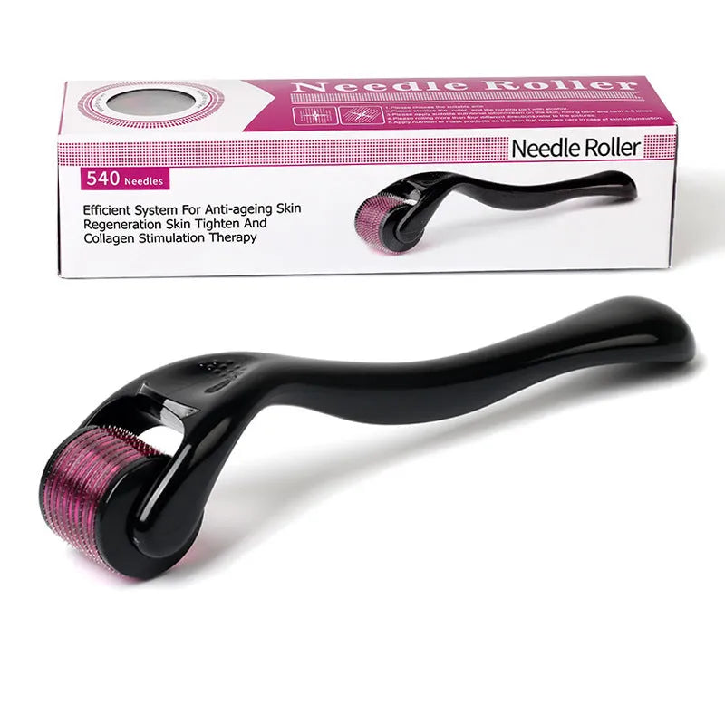 Black derma roller with titanium microneedles for facial, scalp, beard and body skincare