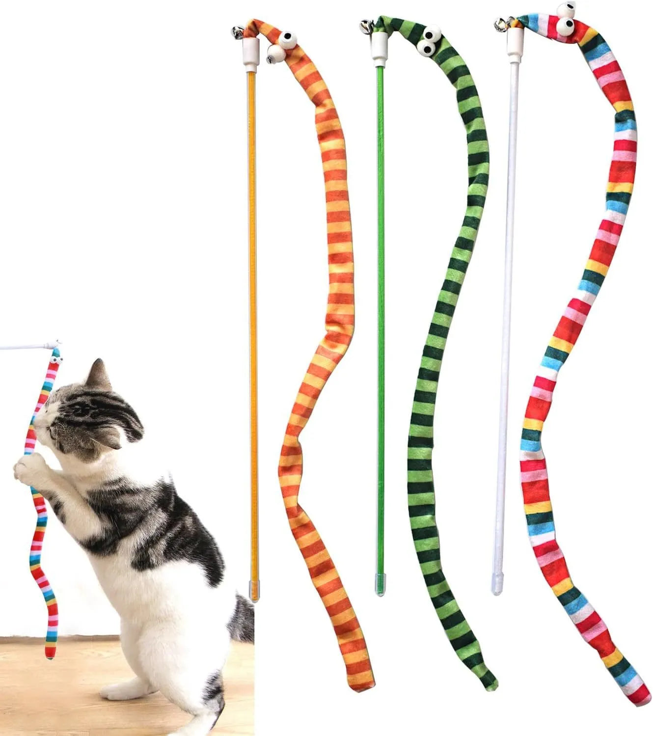 Cat wand toy with polycarbonate pole and long plush strip in green, orange, or rainbow