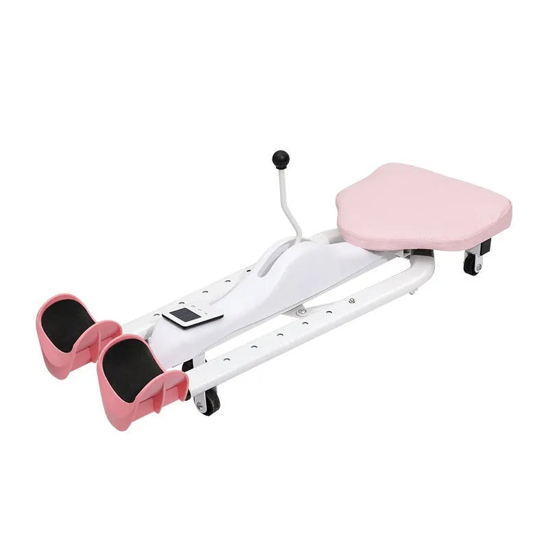 Steel pipe leg stretching equipment with foam padding in pink or blue with optional backrest
