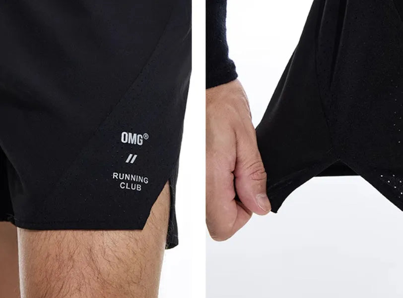 Men's black running shorts with laser-punched detail and four-point stitching on stretch spandex fabric.