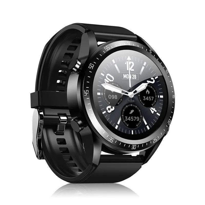 Black smart watch with blood pressure and oxygen monitoring on a silicone wrist strap.