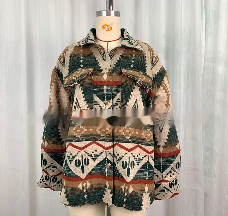 Women's loose-fit retro wool coat with Aztec print in army green.