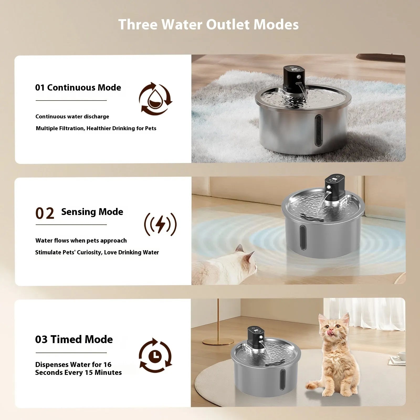 Stainless steel cat water fountain with ceramic base and LED temperature display