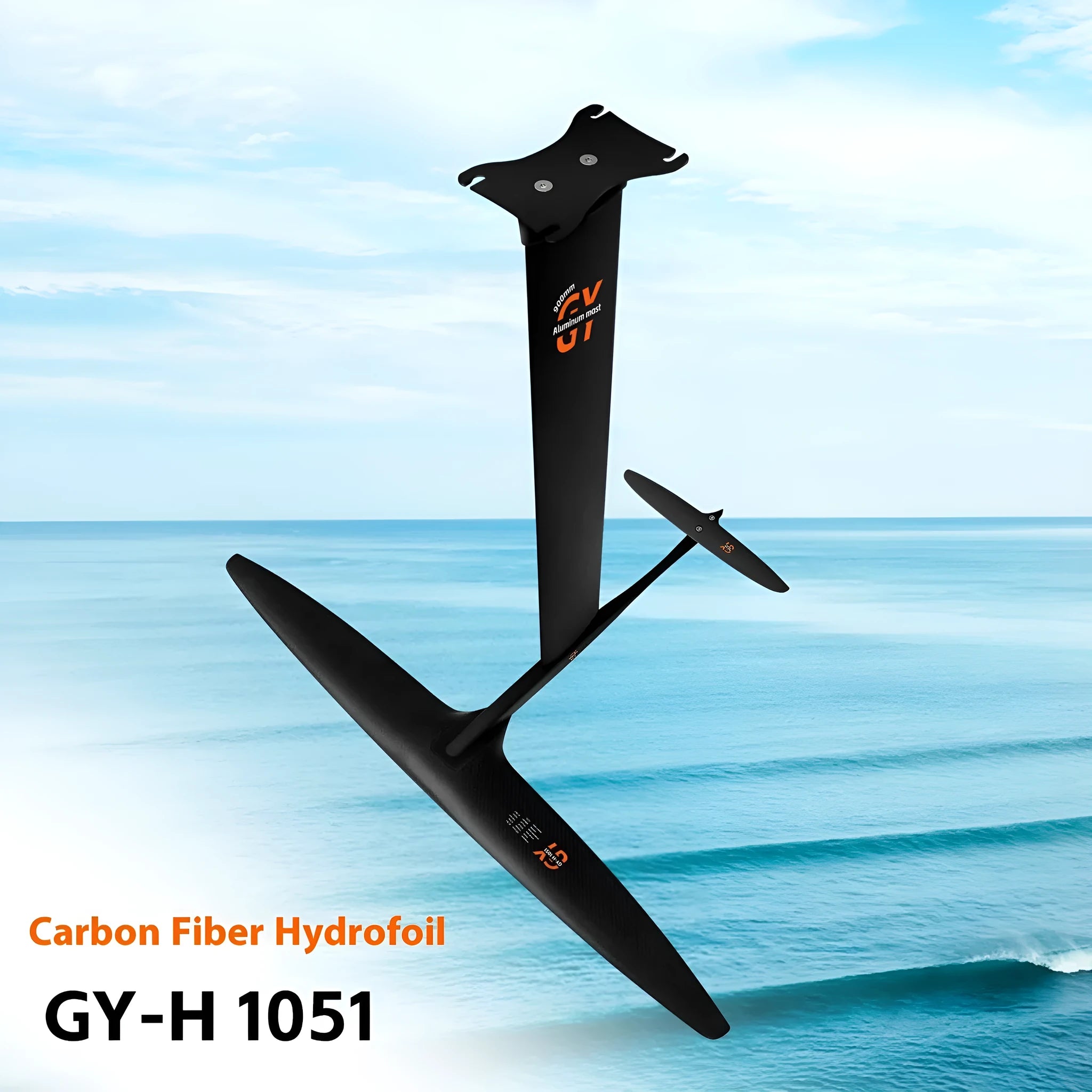 Black carbon fibre racing surf hydrofoil with aluminium alloy components and 1051mm front wing