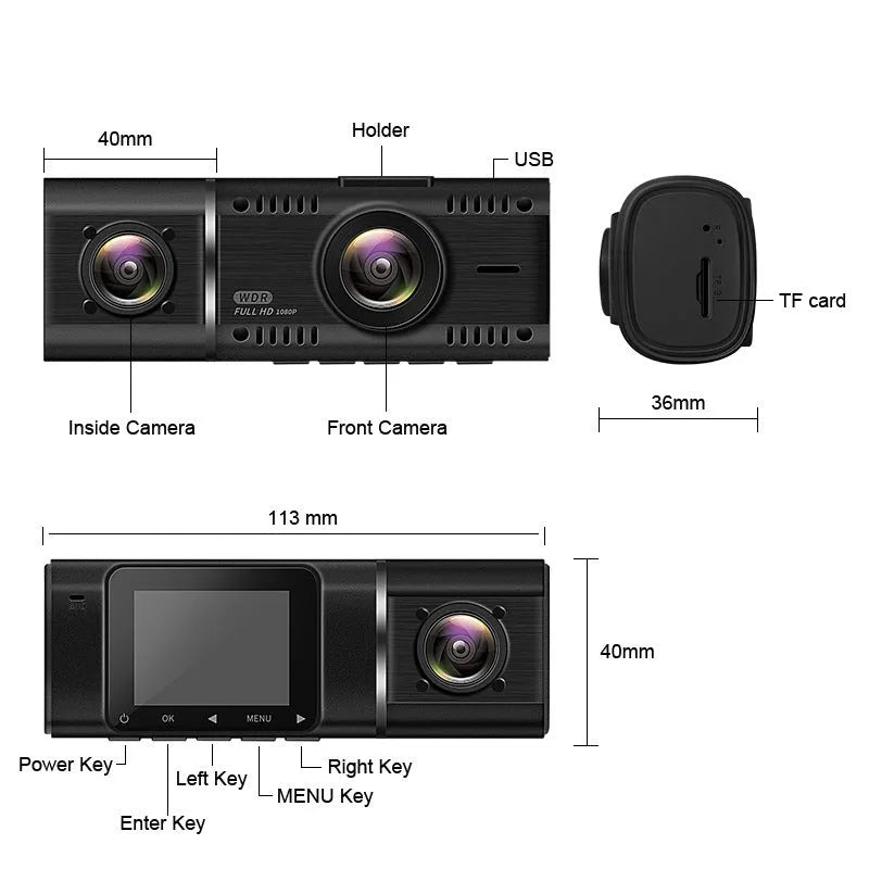 Black car dashcam with 1.5-inch screen showing dual camera recording display for front and rear vehicle monitoring