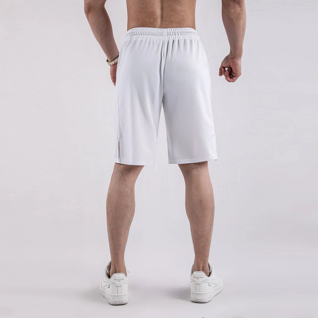 Men's black quick-drying mesh shorts with elastic waist and fifth pants length