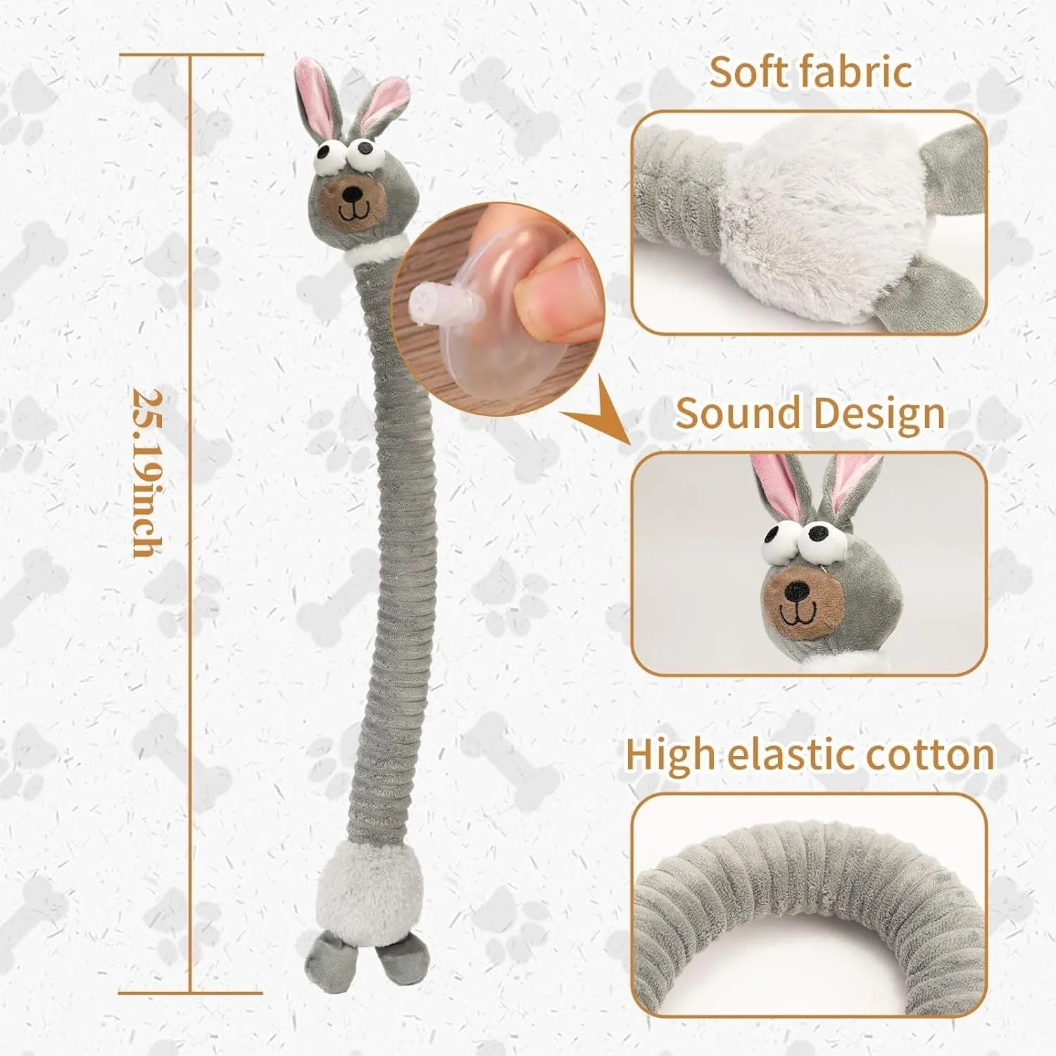 Plush squeaky dog toy with crinkle sounds and foldable design in brown, grey, and yellow colours