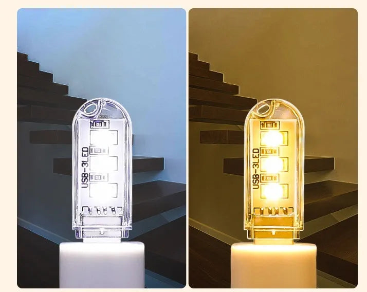 Small white USB rechargeable baby night light showing white and warm light glow options.
