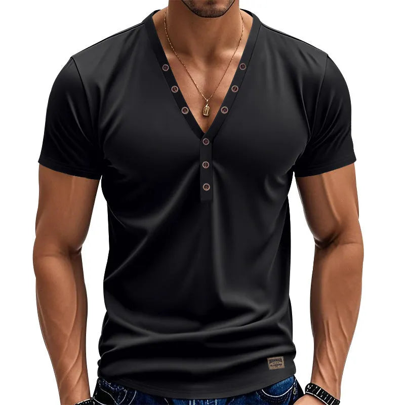 Man wearing a loose fit light blue V-neck button-up sport shirt