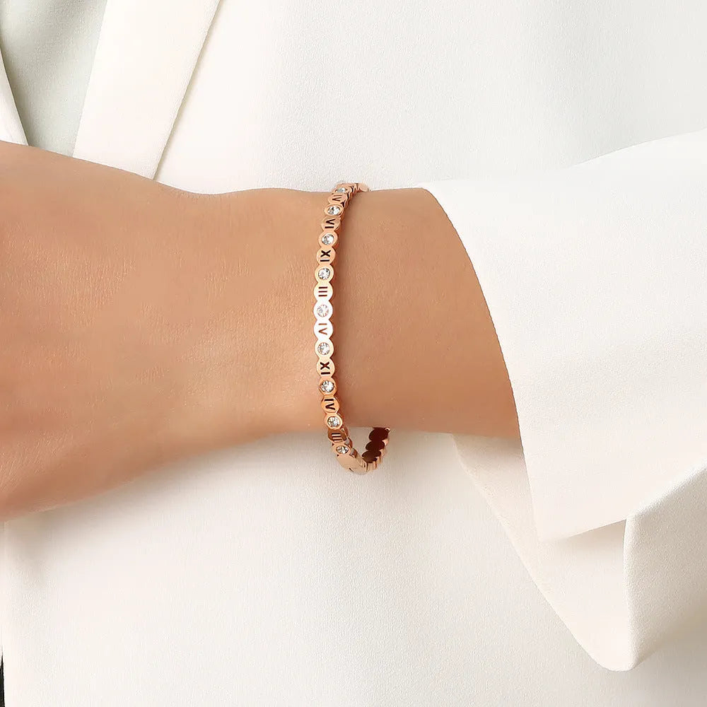 Korean style titanium steel bracelet with number details in gold, rose gold, or steel colour.