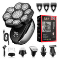 Black 6-in-1 rechargeable multifunctional haircut suit with hair clipper, shaver, trimmer, and attachments on a white background