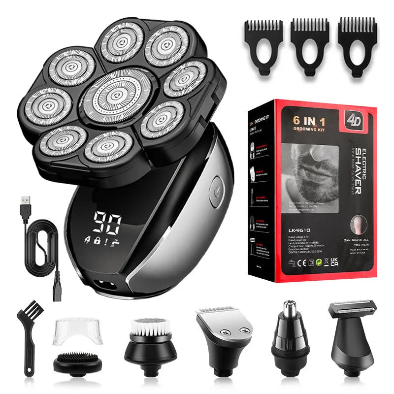 Black 6-in-1 rechargeable multifunctional haircut suit with hair clipper, shaver, trimmer, and attachments on a white background
