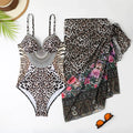 Women's leopard print one-piece swimsuit with mesh dress and pants set tight backless style