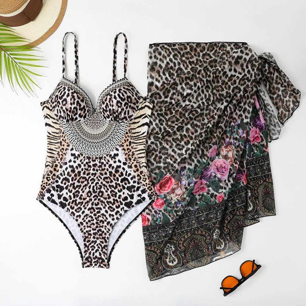 Women's leopard print one-piece swimsuit with mesh dress and pants set tight backless style