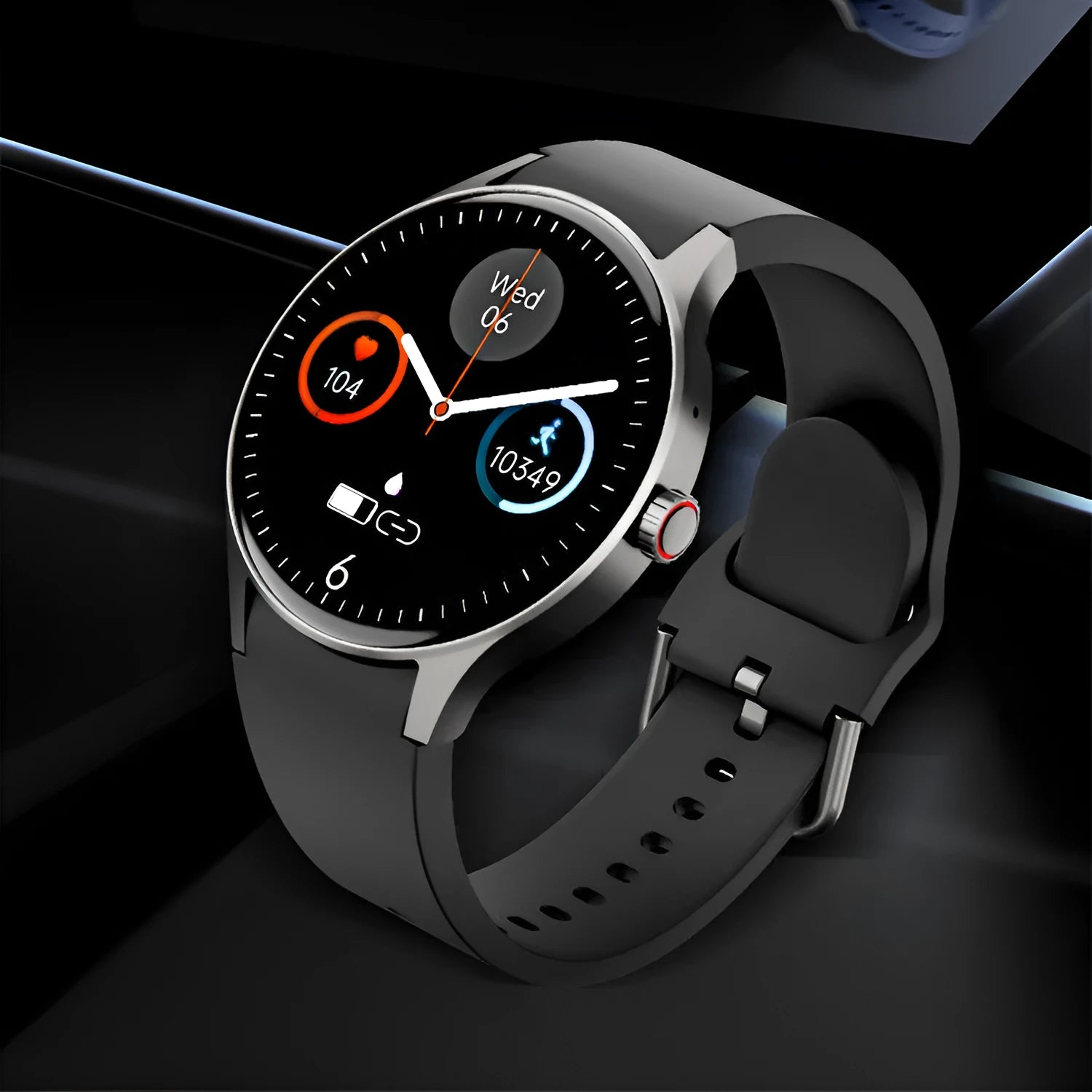 Black Bluetooth sport watch with a round touch screen on a wrist.