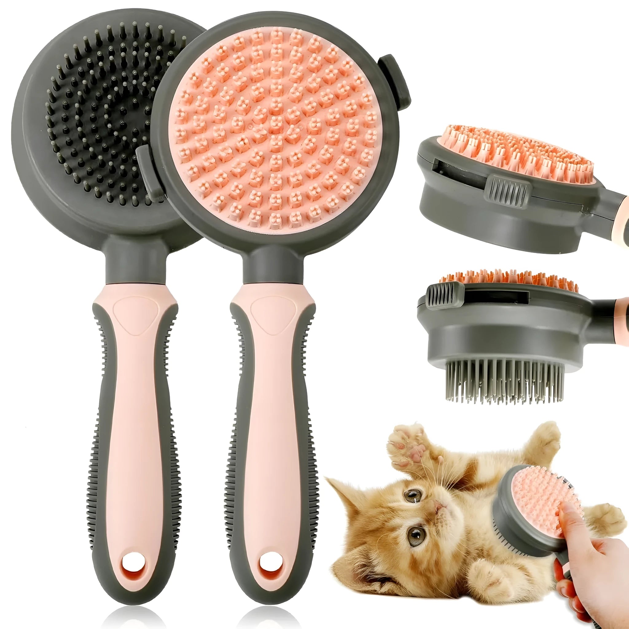 Double-sided cat brush with release button and flea comb for pet grooming