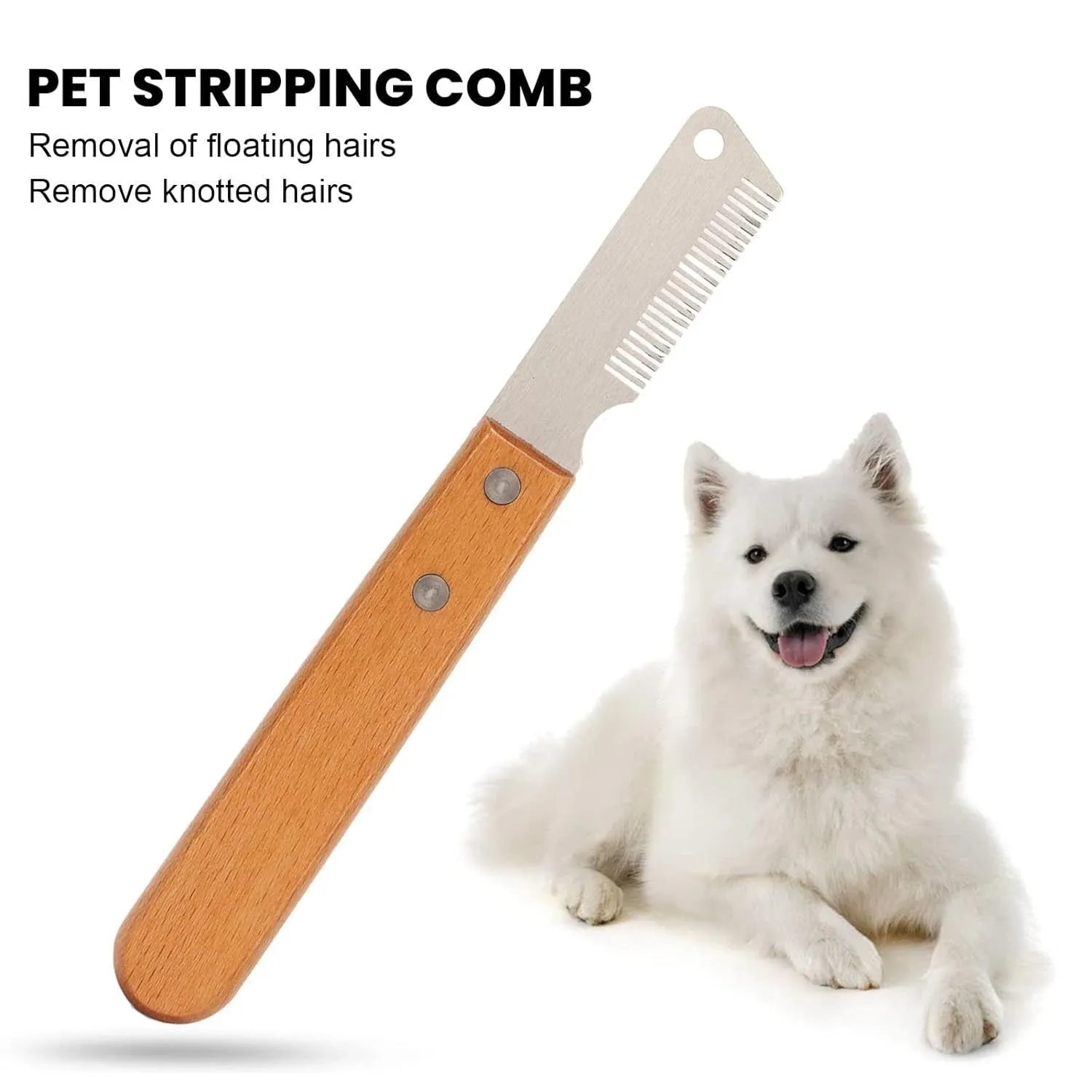 Pet stripping comb grooming tool with wood handle in two sizes for dogs and cats