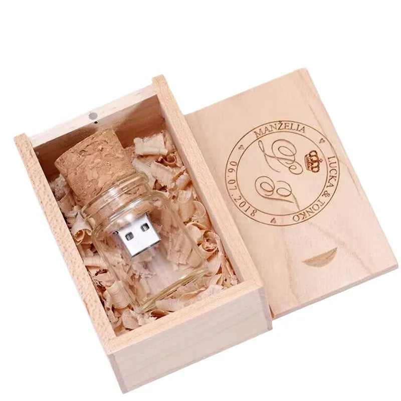 Wooden wish drift bottle shaped USB flash drive with transparent casing showing internal components.
