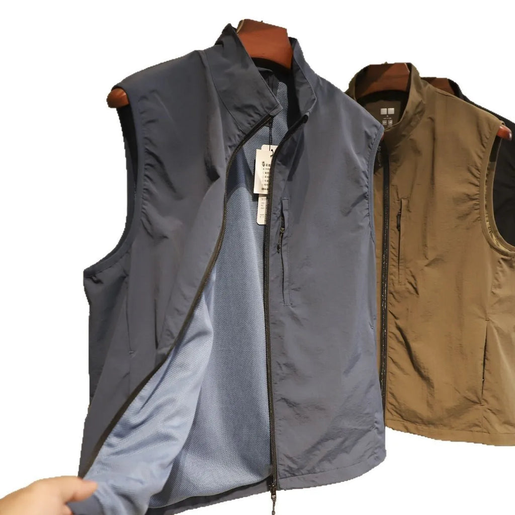 Men's black quick-drying retro bandage vest cardigan with side pocket, shown on a hanger.