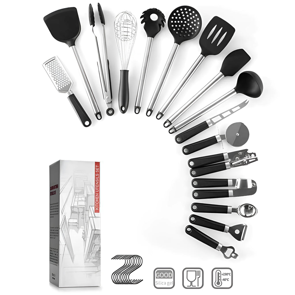 Black silicone and stainless steel cooking utensil set with 16 pieces including spatulas and spoons.