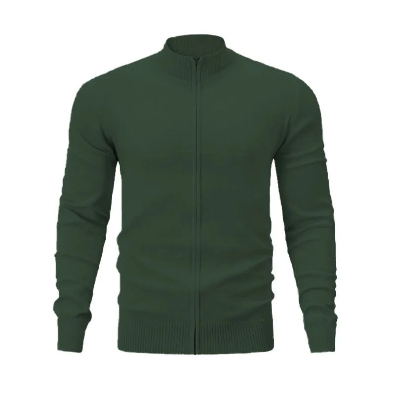 A man's casual cotton zip-up hoodie with a stand collar, shown in a solid colour on a hanger.