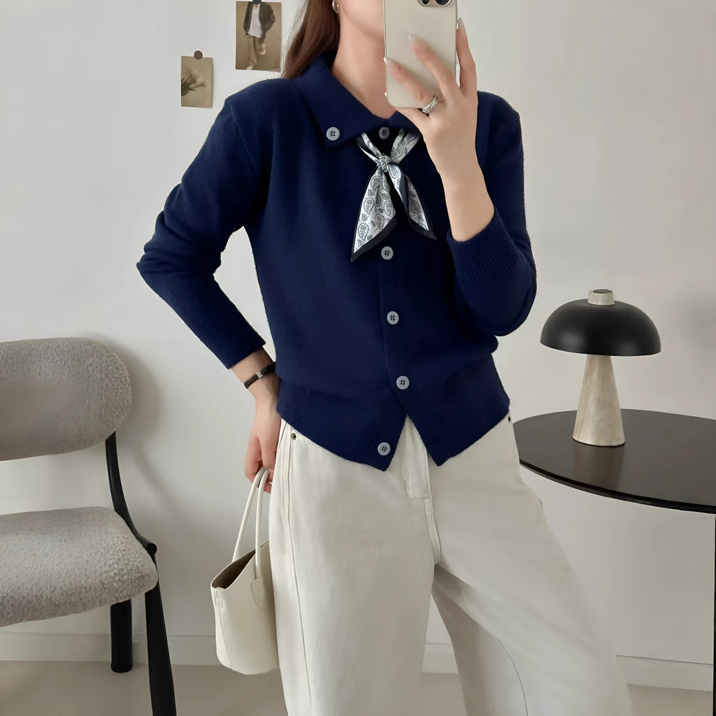 Lazy fashion cardigan sweater with lapel scarf collar in acrylic fabric