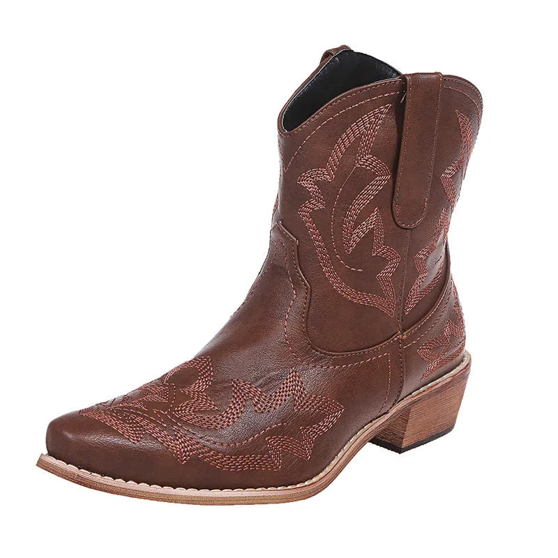 Blue women's cowboy boots with embroidered detail, a low wedge heel, and a pointed toe.