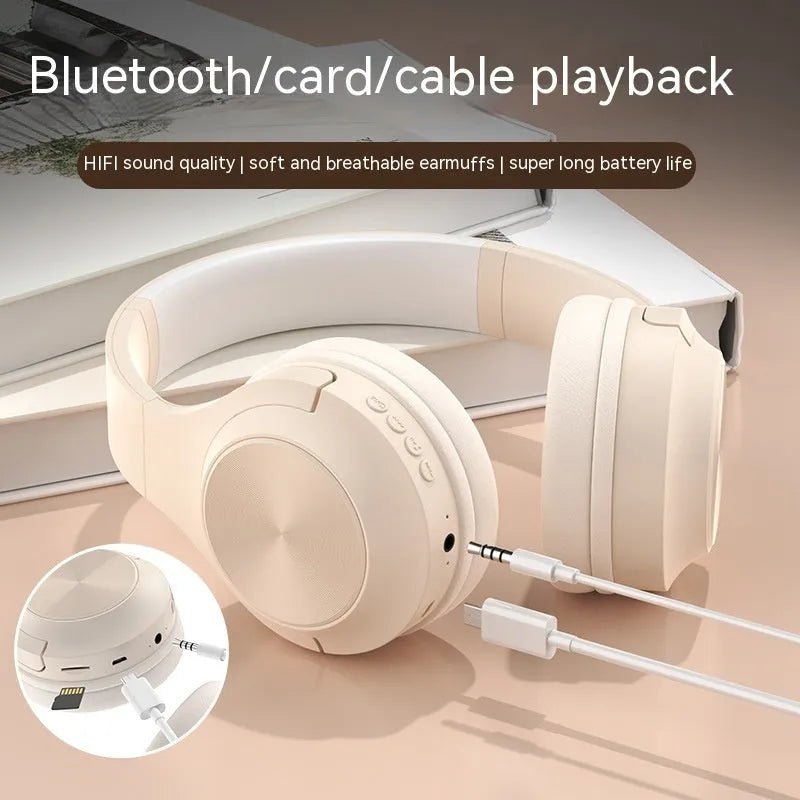 Wireless Bluetooth over-ear headset in ivory white colour with creative design and charging case