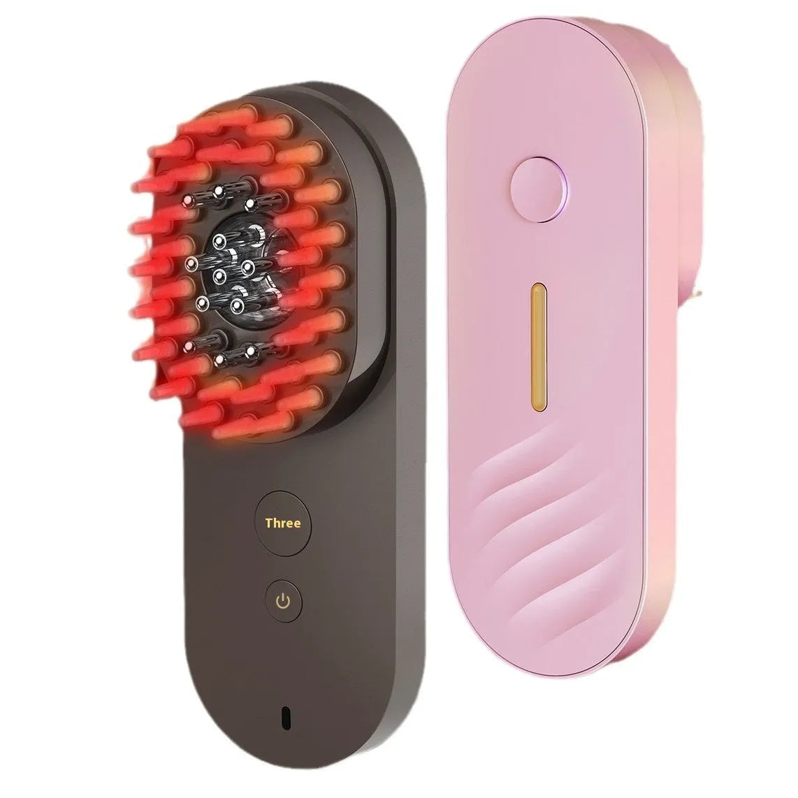 Pink and black smart massage comb for hair care with red light feature, shown next to a ruler under 10cm