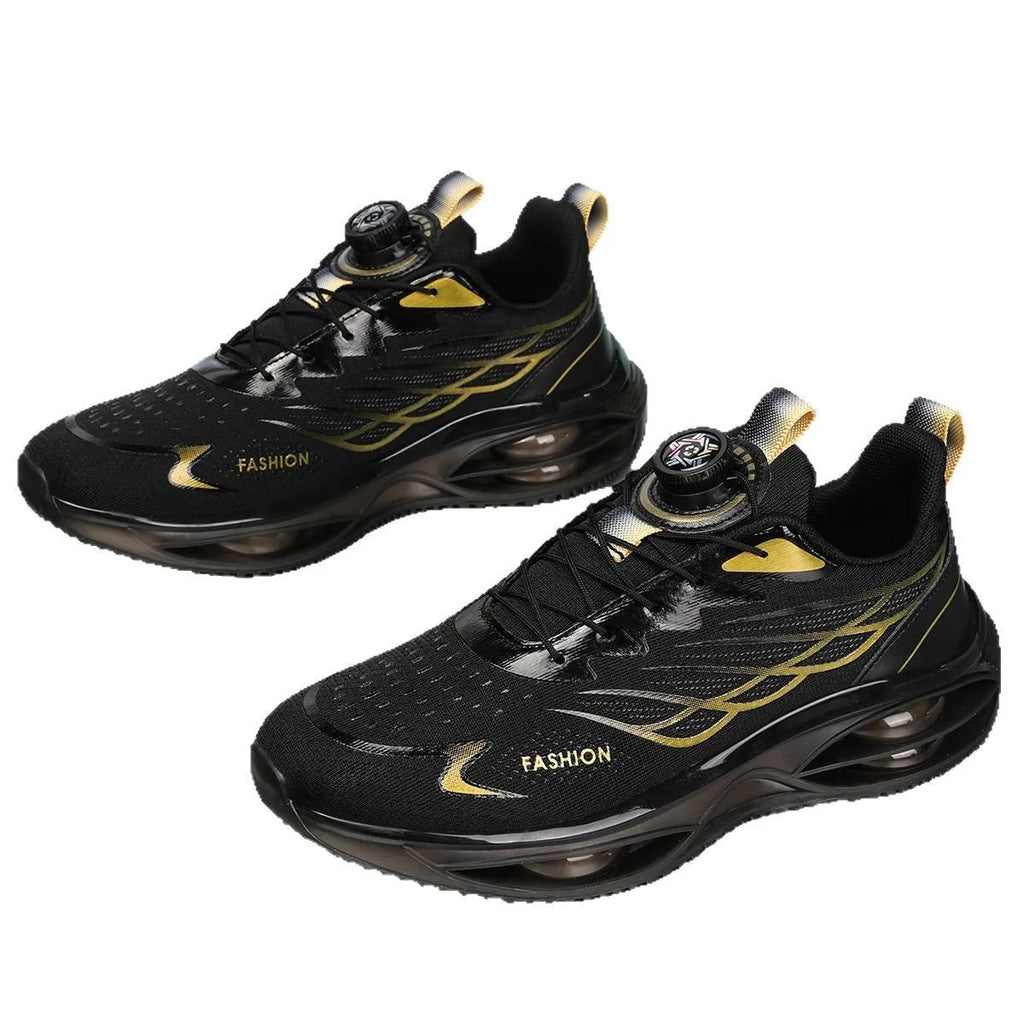 A pair of casual breathable running shoes in a solid colour with a mesh upper, rubber sole, and lace-up front.