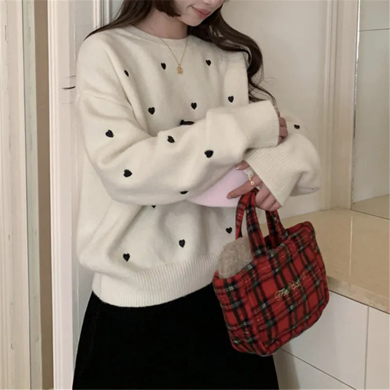 Women's acrylic pullover sweater with love embroidery in milk white colour, loose fit crew neck design