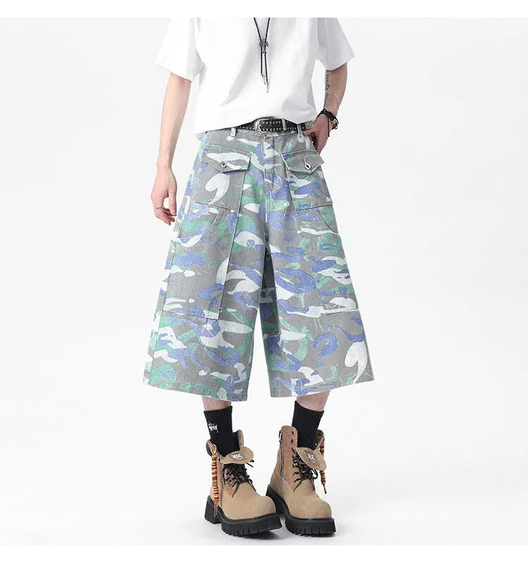 Camouflage colour denim work trousers with cargo pocket, cropped length, straight leg fit
