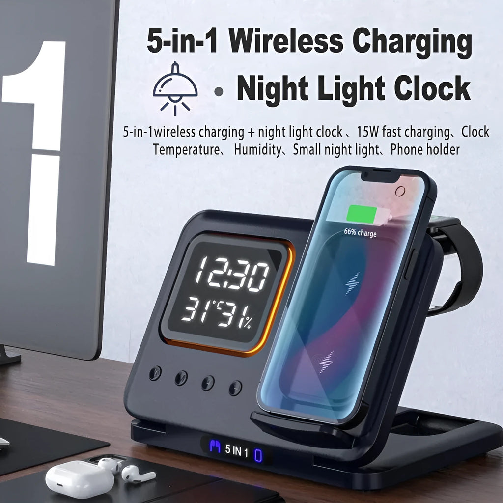 Black and white foldable wireless charging station with digital clock displaying time and temperature