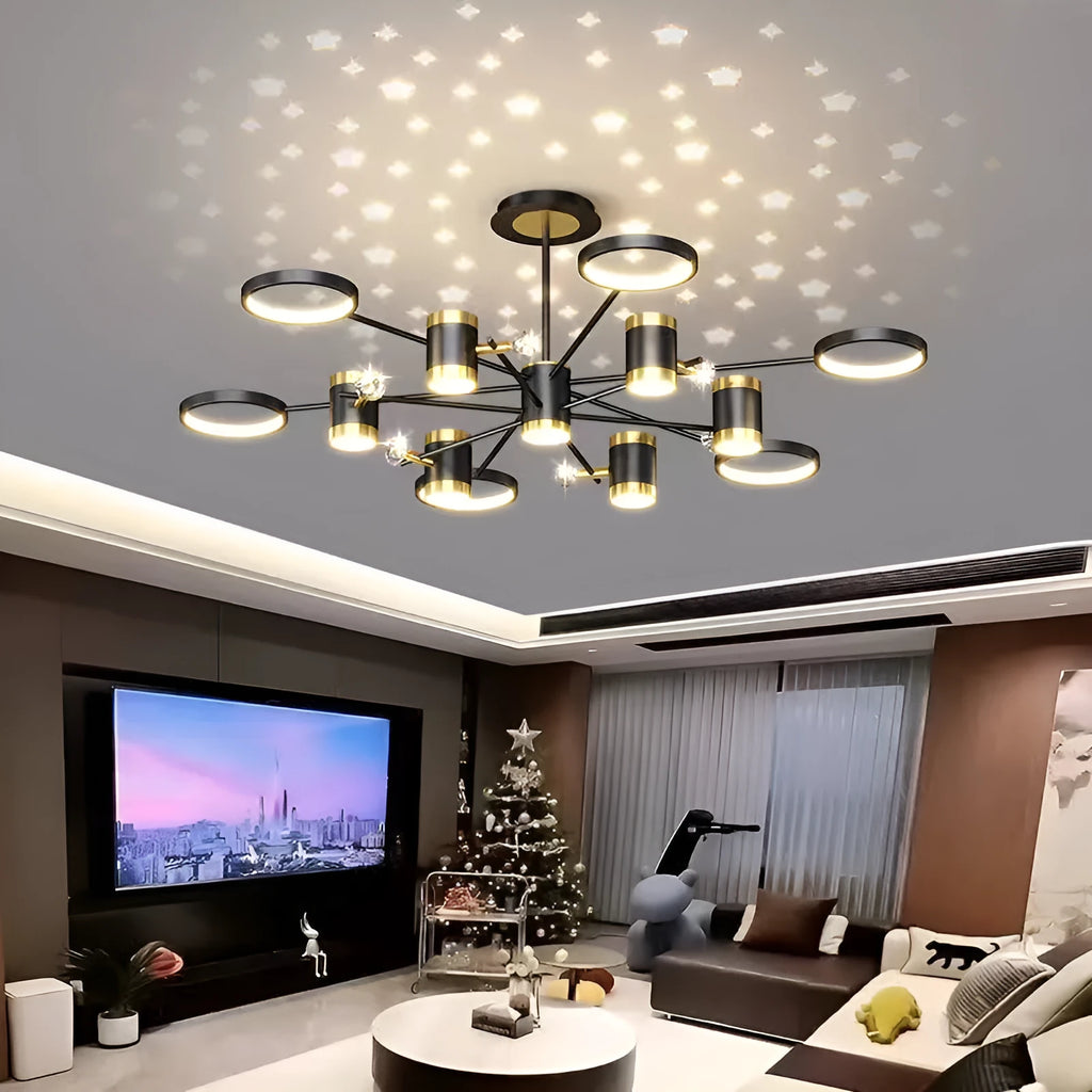 Black iron pendant chandelier with 13 heads and remote control for whole house lighting