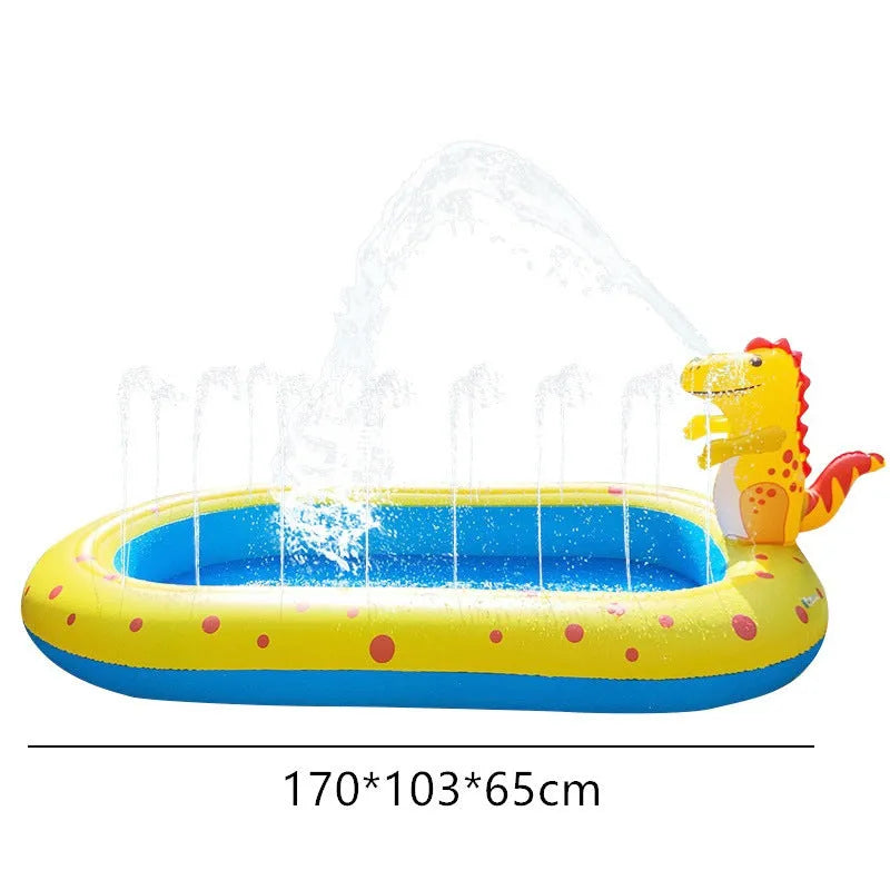 Blue dinosaur and shark inflatable water spray pool with spray feature in garden setting
